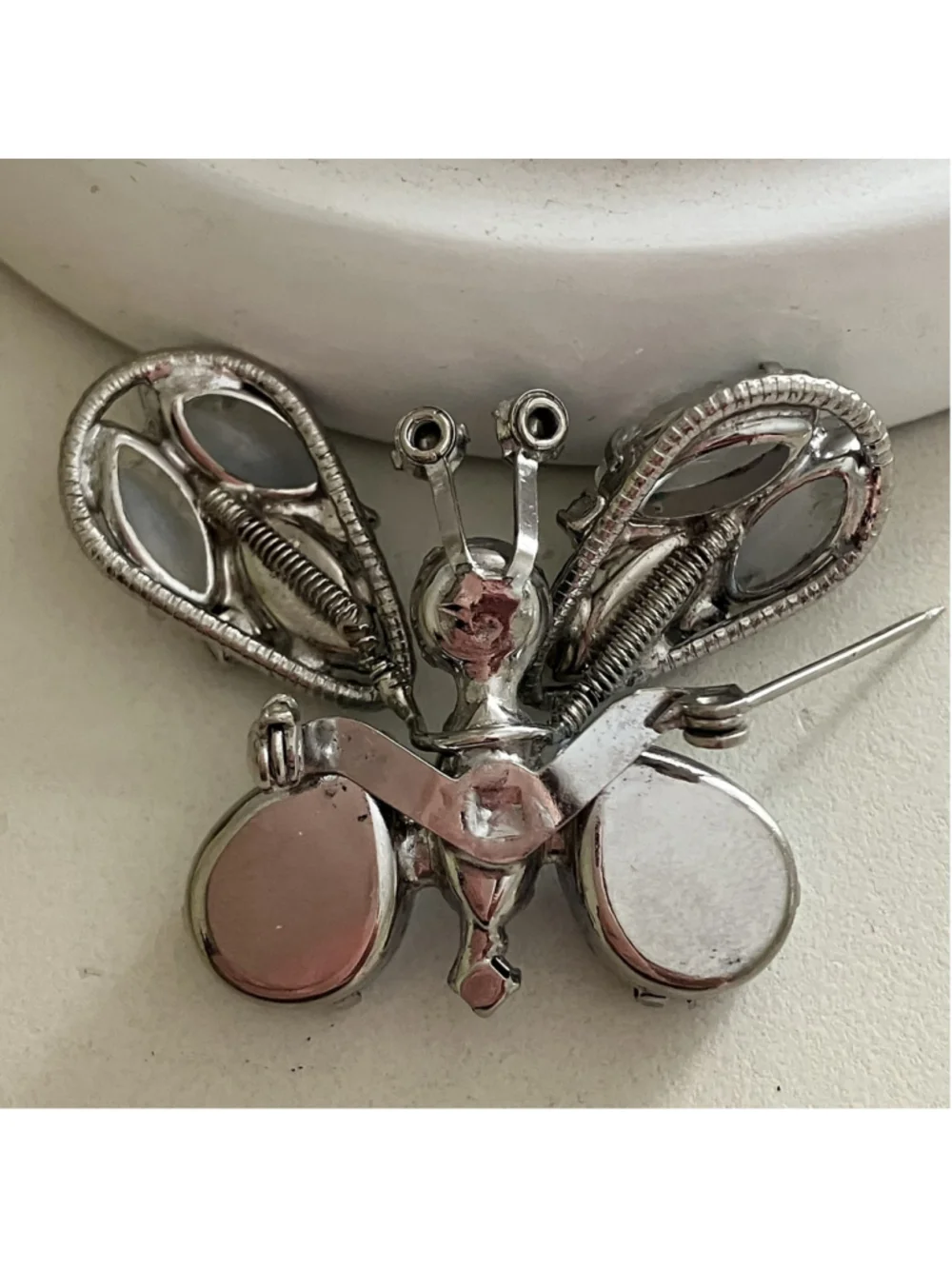 Vintage Butterfly Trembler Brooch Silver Filigree Foil Glass Stones Molded Art